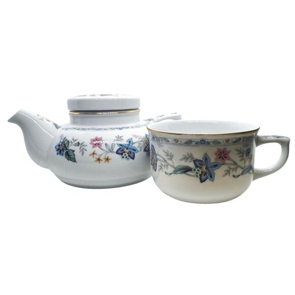 Andrea By Sadek Floral Teapot & Cup Set Porcelain Gold Trim Butterfly Design - Picture 1 of 16